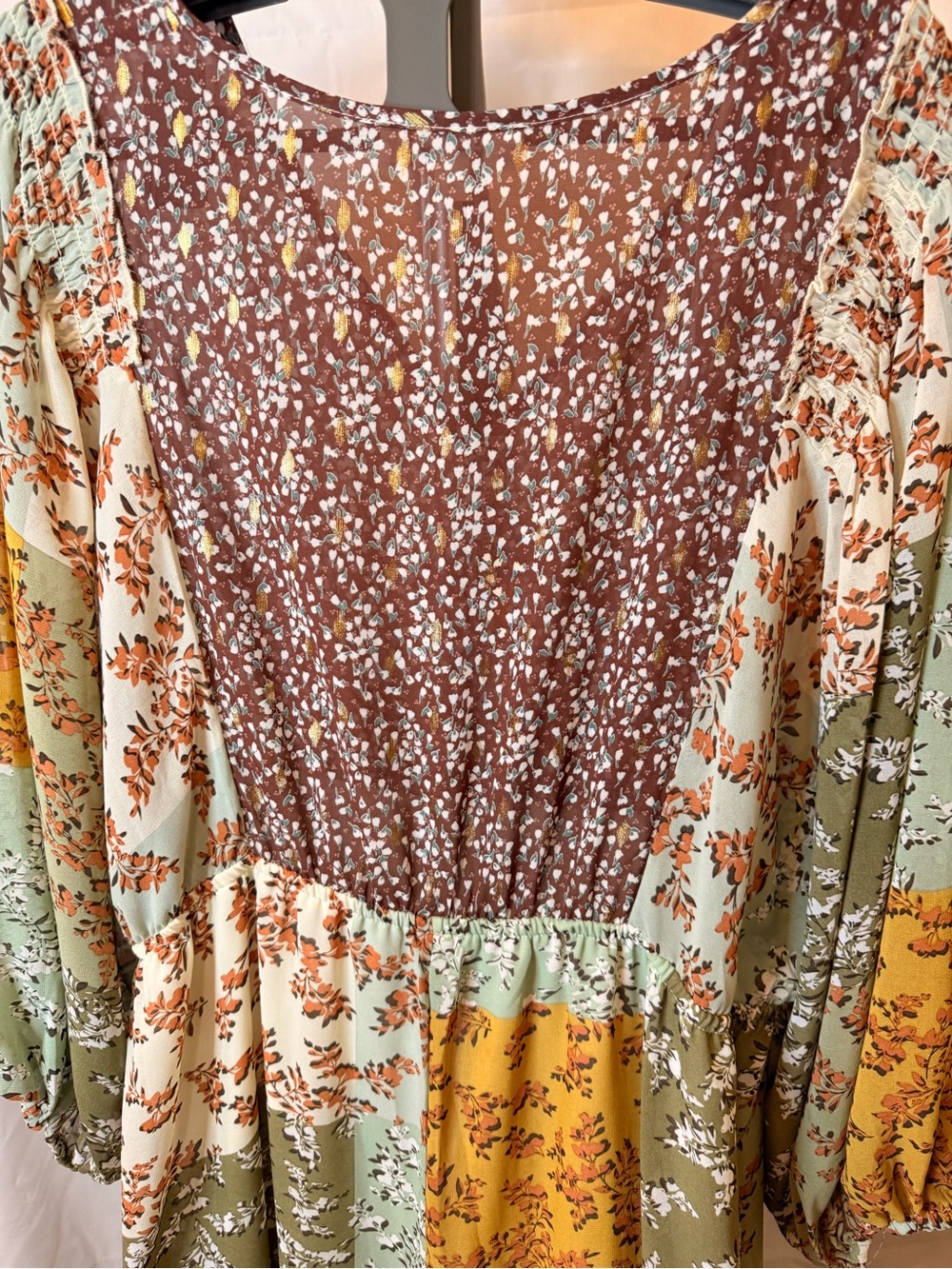 Umgee Women’s size XL Boho Patchwork Floral Maxi Dress - Sage, Mustard & Brown - Picture 8 of 9